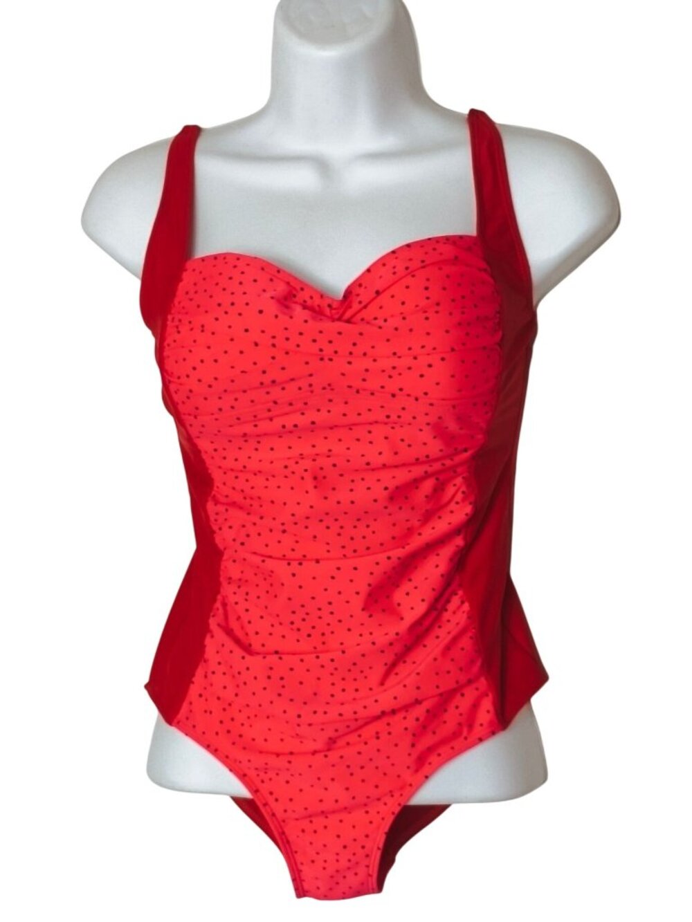 Romenza Womens S One-Piece Swimsuit Red Polka Dot Ruched Slimming Bathing Suit